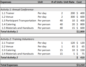 Sample of a budget organized by activity