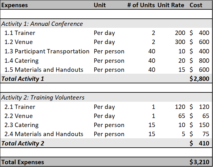 activity budget example