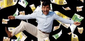 Man jumping with Money Rain in background